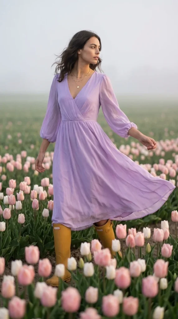 rain boots outfit spring tulip field