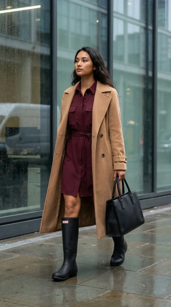 rainy day work outfit spring boots