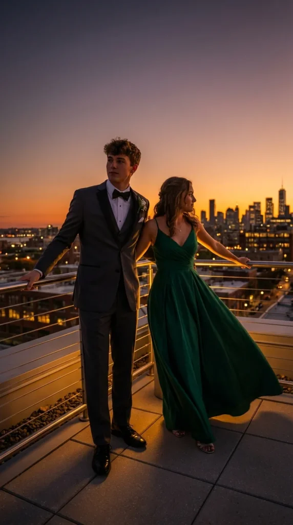 rooftop prom photoshoot cityscape couple