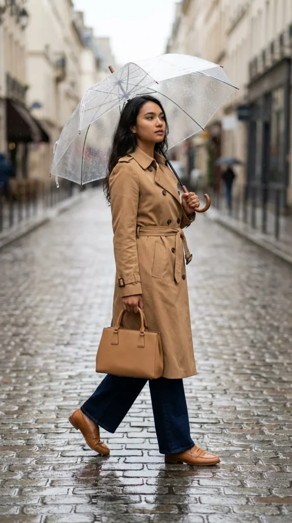 spring rainy day outfit trench coat