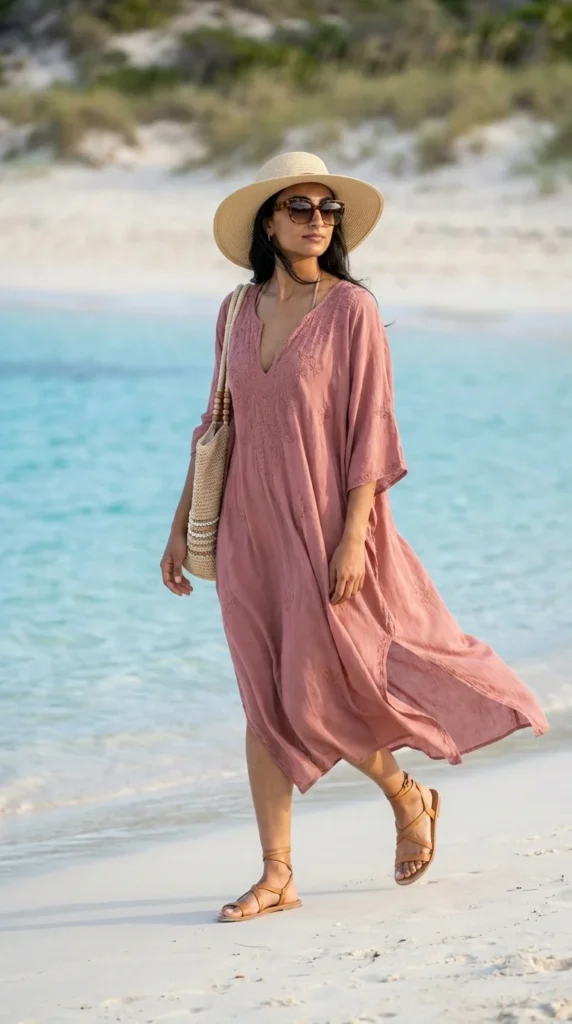 straw hat kaftan coastal beach outfit