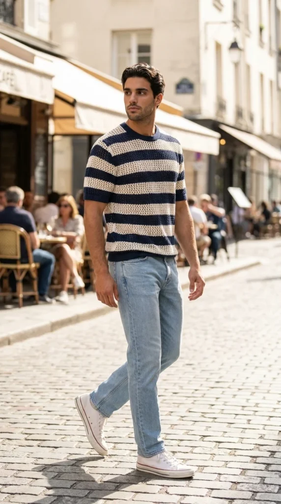 striped crochet knit tee men