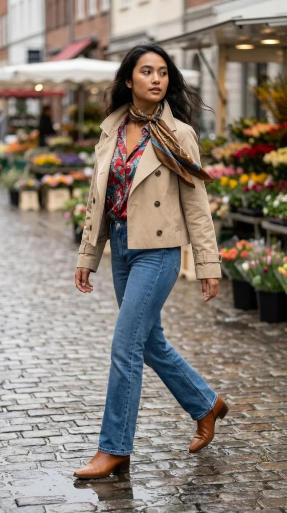 trench coat outfit spring scarf