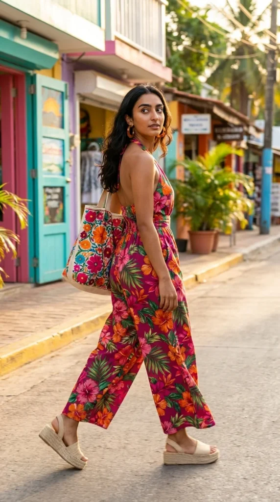 tropical print romper vacation outfit women