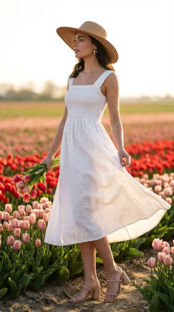 tulip picking outfit white dress