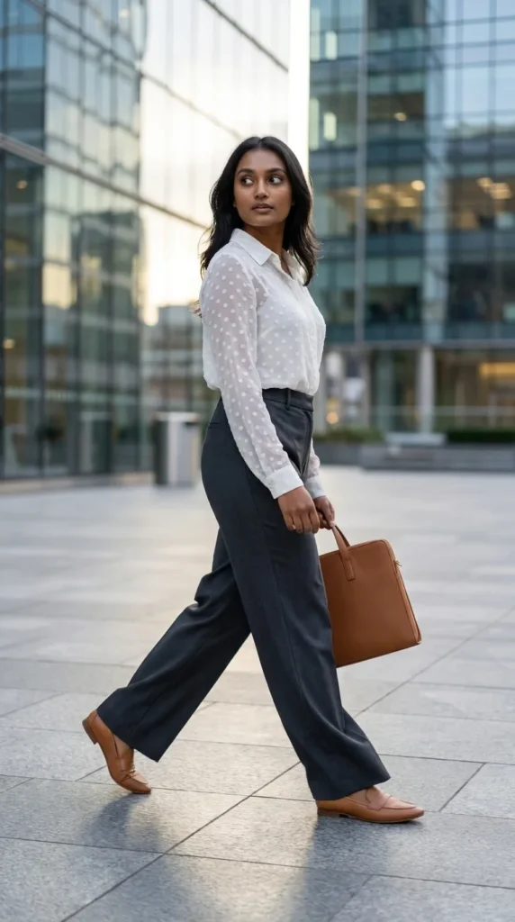 white polka dot blouse work outfit