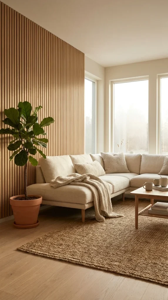wood slat panel wainscoting living room