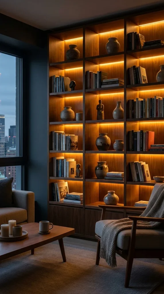 Backlit bookshelf with LED lighting