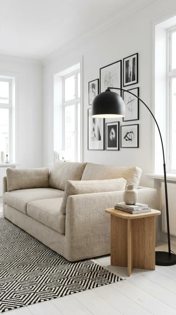 Beige couch black accents living room