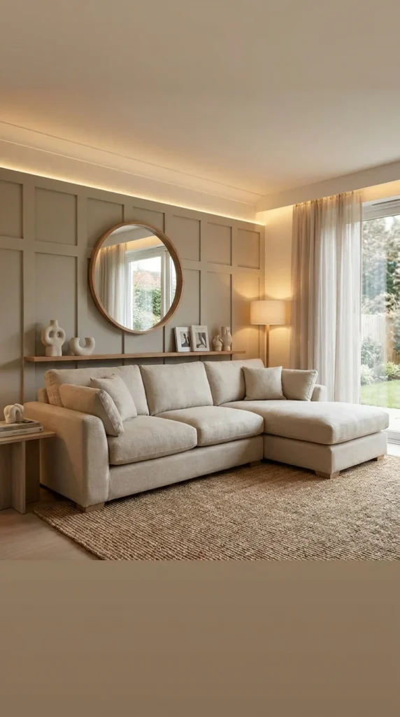 Beige couch board batten accent wall