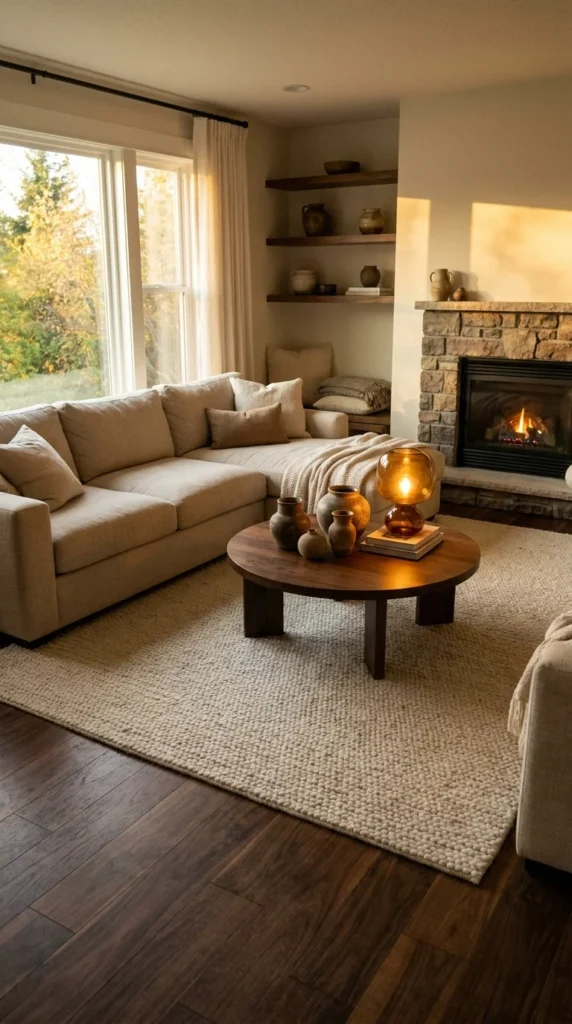 Beige couch dark wood floors rug