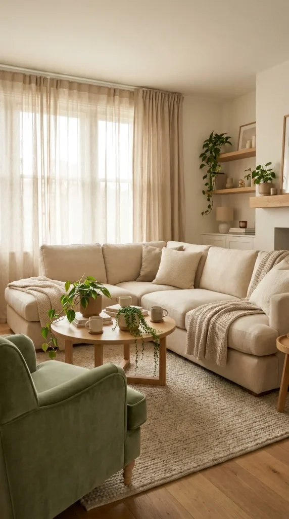 Beige couch green accent chair