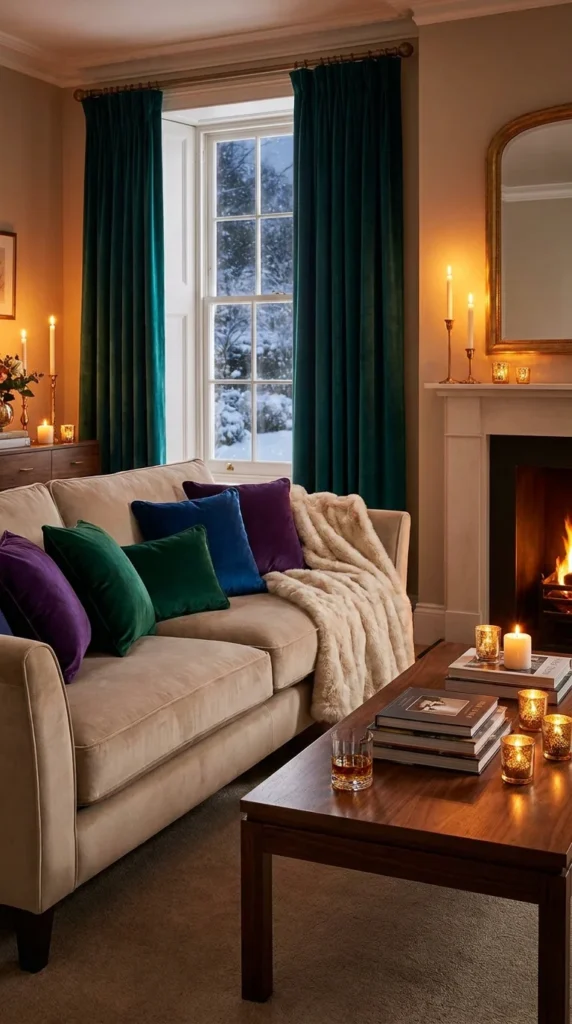 Beige sofa jewel tone pillows