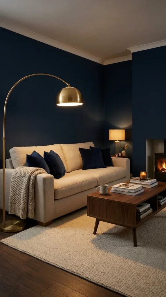 Beige sofa navy wall living room
