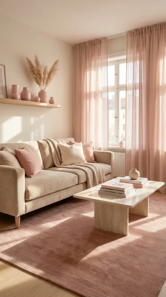 Beige velvet sofa blush pink accents