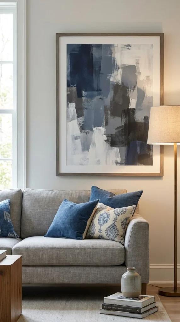Blue-Toned Abstract Wall Art Grey Sofa