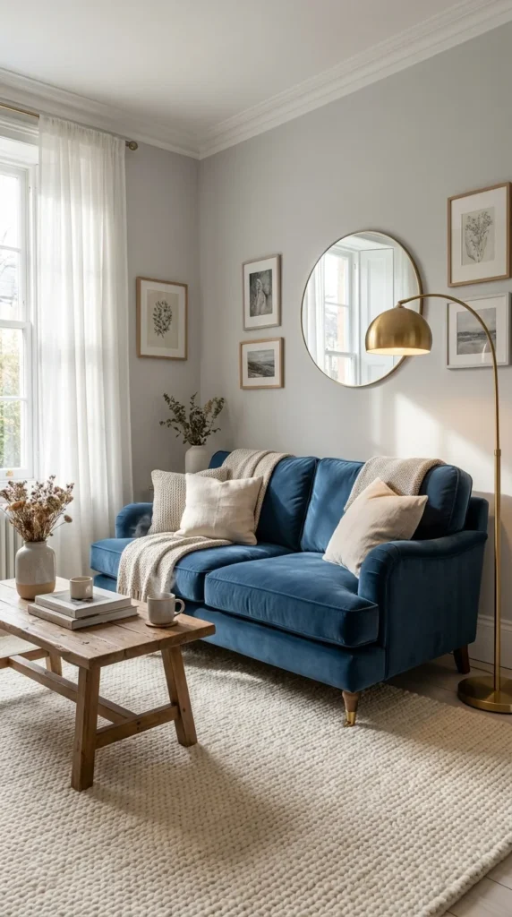 Blue velvet sofa grey walls