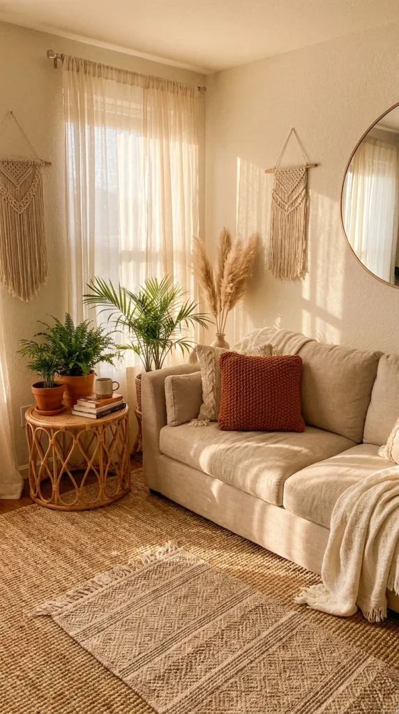Boho beige couch living room