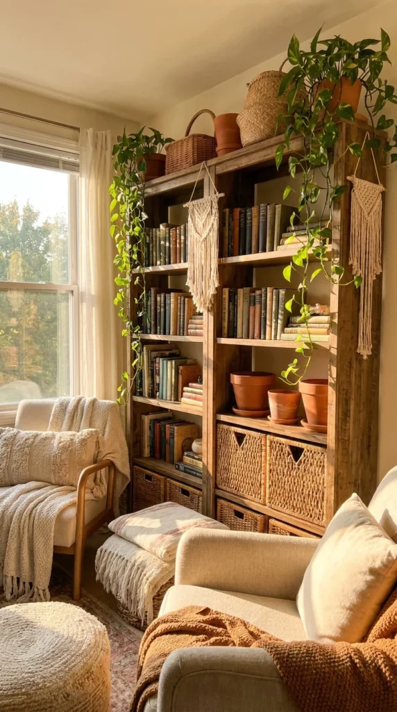 Boho bookshelf decor living room