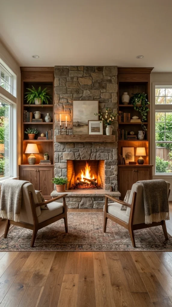 Built-in shelves living room fireplace
