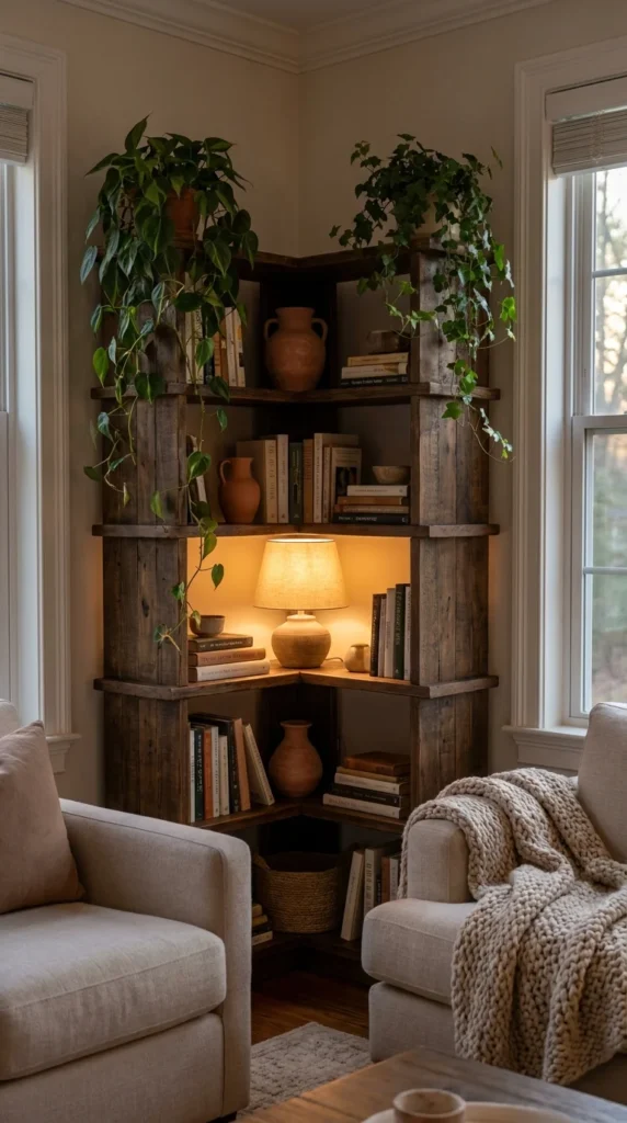 Corner bookshelf living room