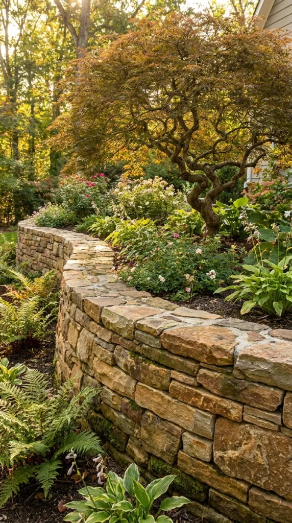 Curved stone retaining wall garden bed