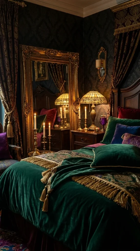 Dark green gold brass bedroom
