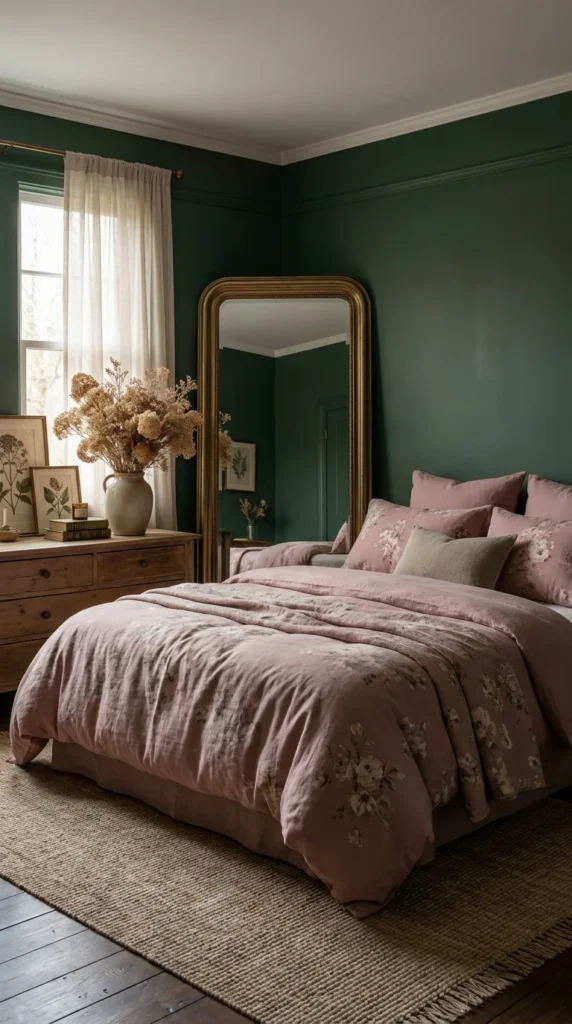 Dark green pink floral bedroom