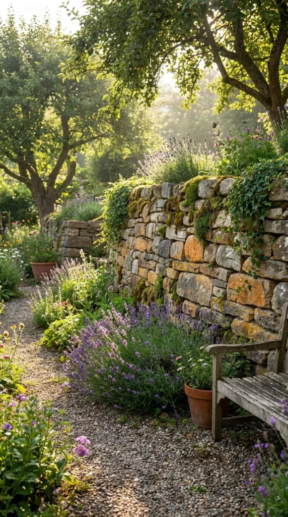 Dry stack fieldstone retaining wall