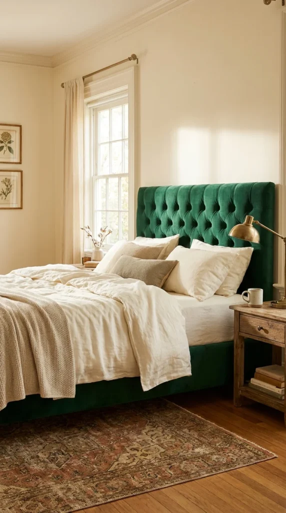Emerald green velvet headboard bedroom
