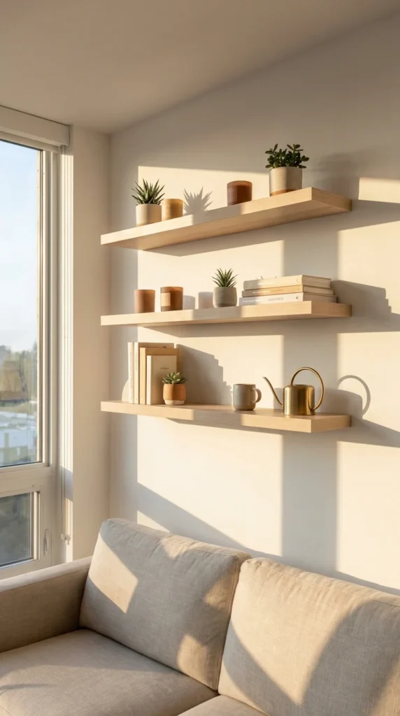Floating shelves living room decor