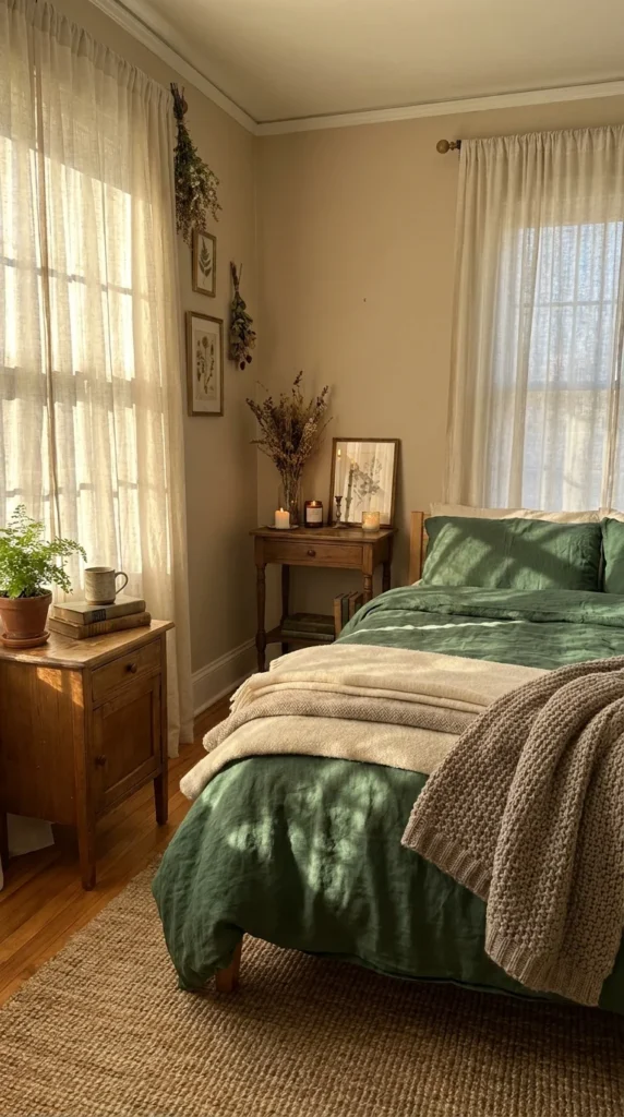 Forest green linen duvet bedroom