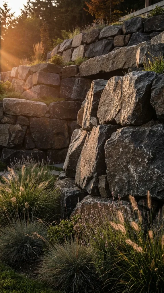 Granite boulder hillside retaining wall
