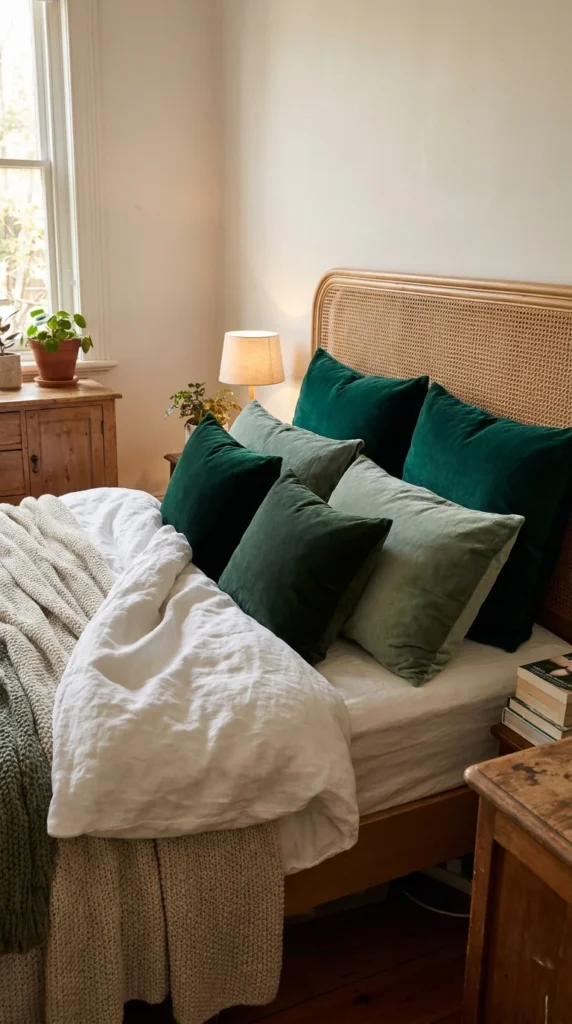 Green velvet throw pillows bed