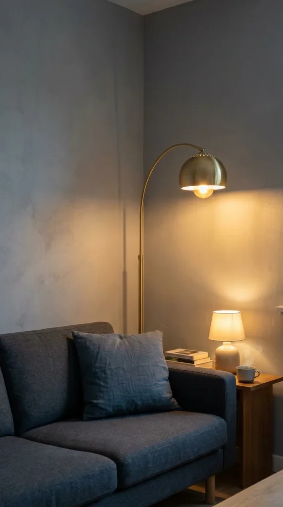Grey Blue Living Room Layered Lighting