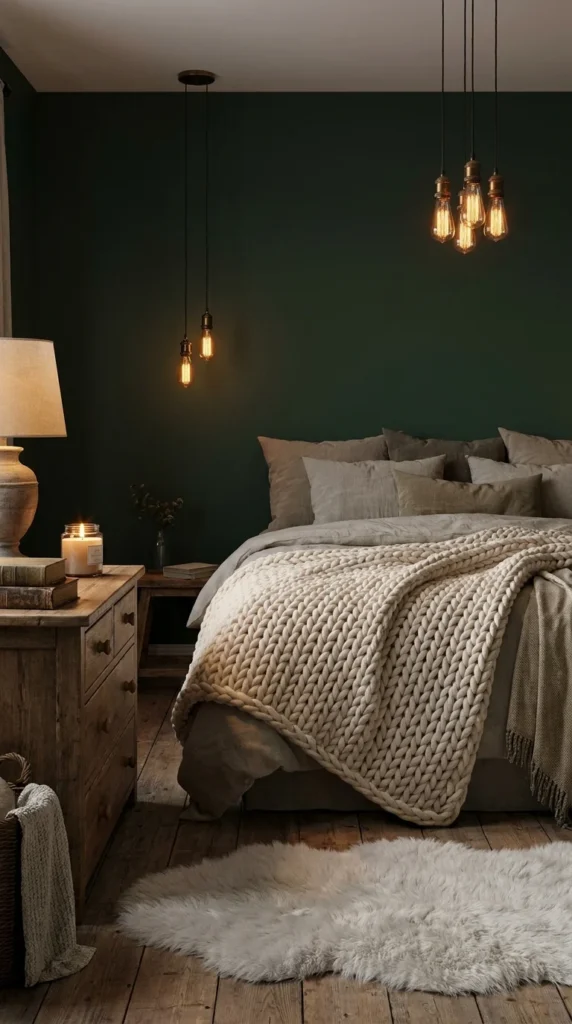 Hygge green cozy bedroom