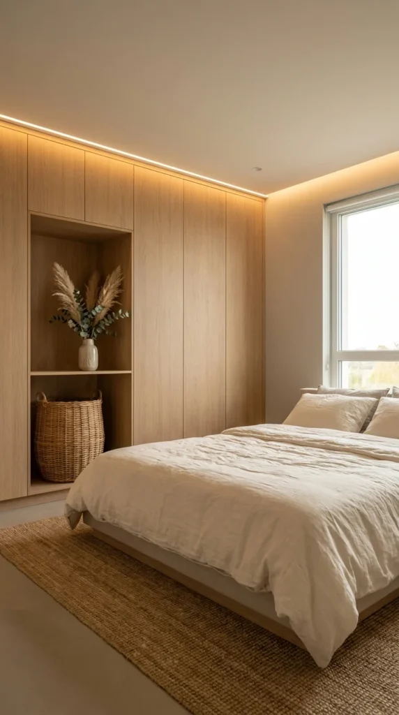 Japandi wall closet bedroom oak
