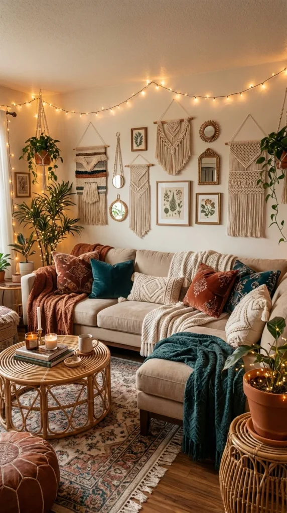 Maximalist boho beige couch living room