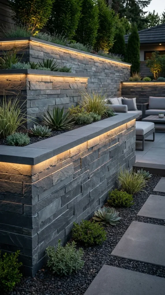 Modern stacked slate retaining wall