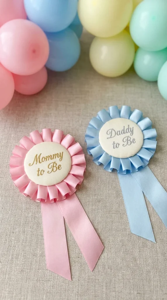 Mommy daddy badge pins gender reveal party