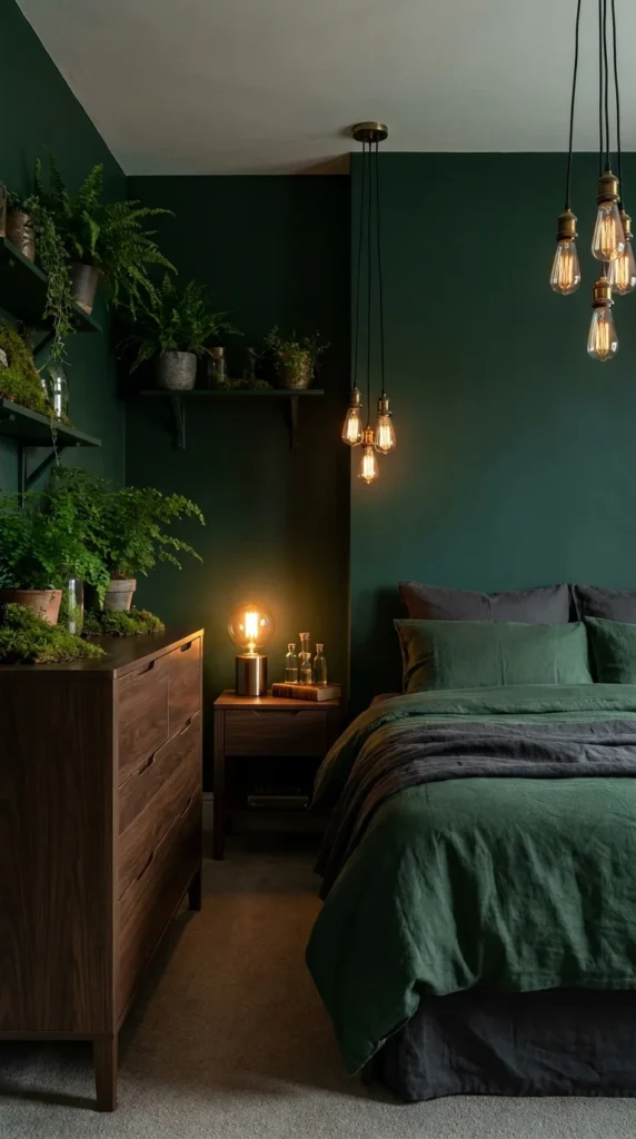 Moody green dark wood bedroom
