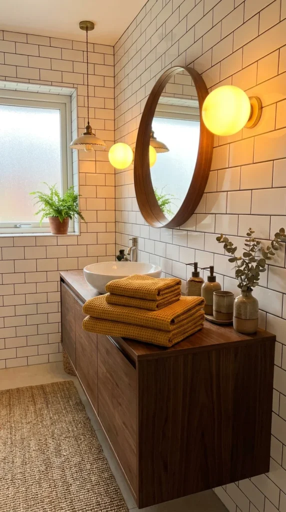 Mustard yellow MCM bathroom accents