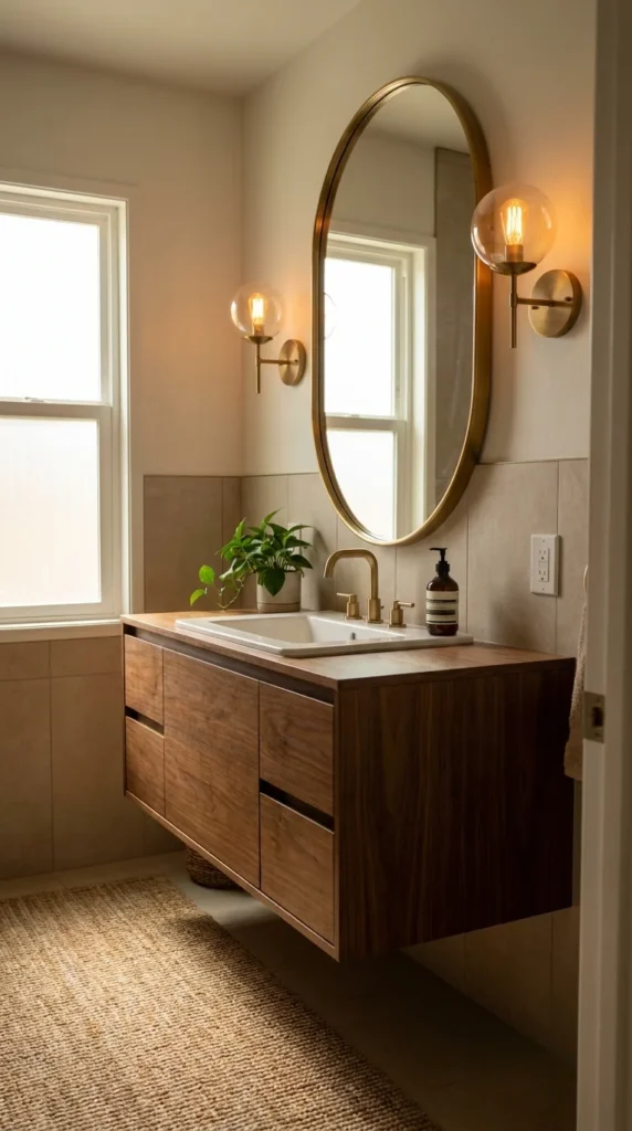 Oval mirror mid century bathroom