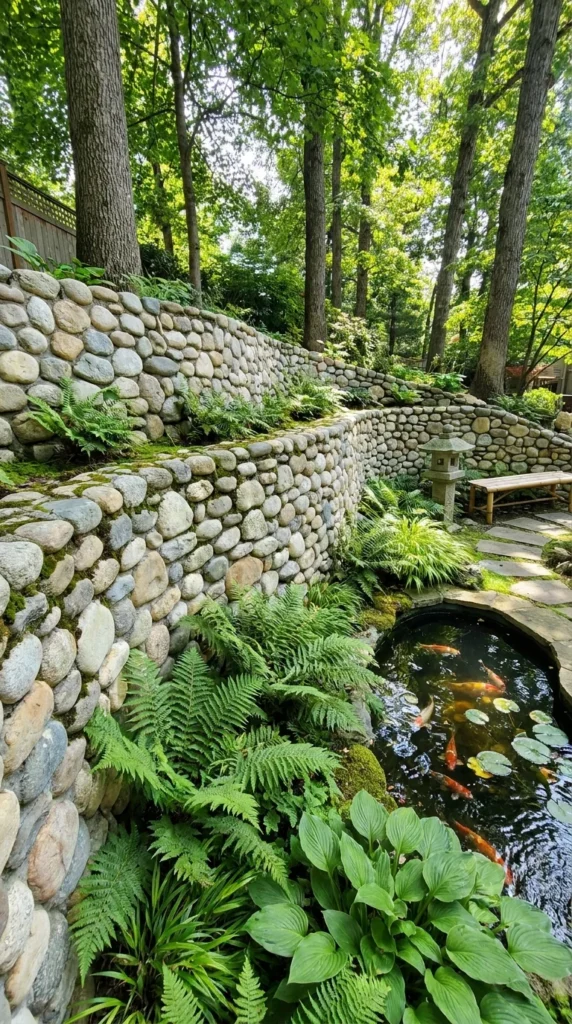River rock retaining wall garden