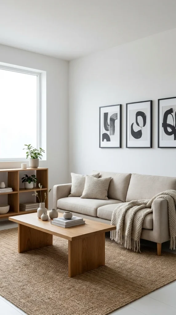 Scandinavian beige living room white walls