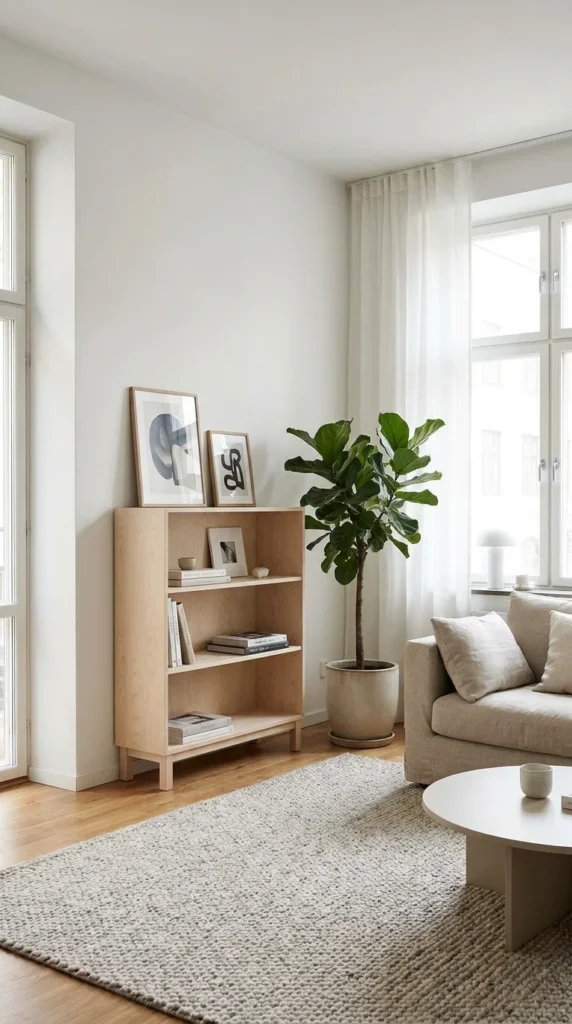Scandinavian bookshelf decor living room