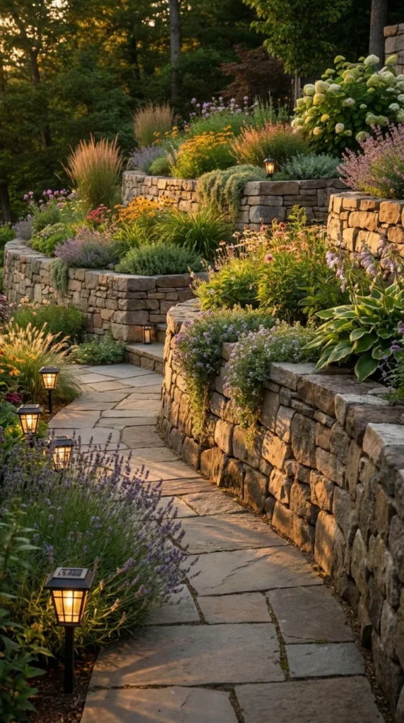 Stone retaining wall with flagstone pathway