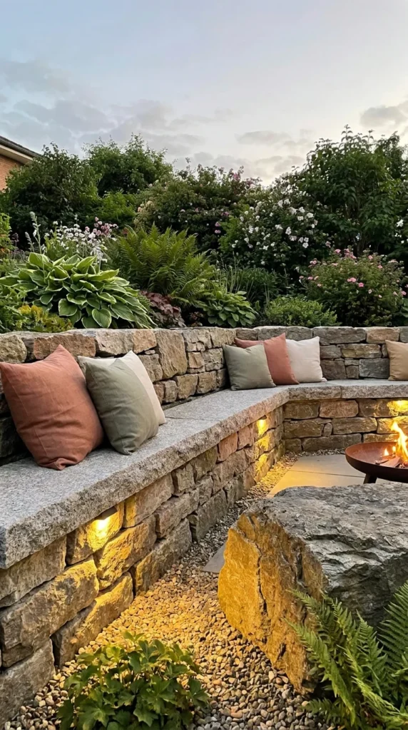 Stone wall with built-in seating