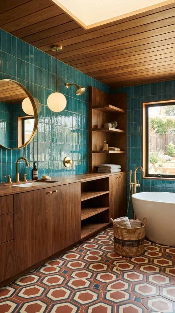 Teal walnut MCM bathroom