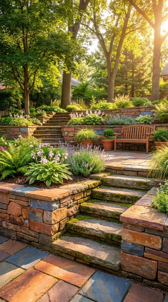 Tiered flagstone retaining wall backyard